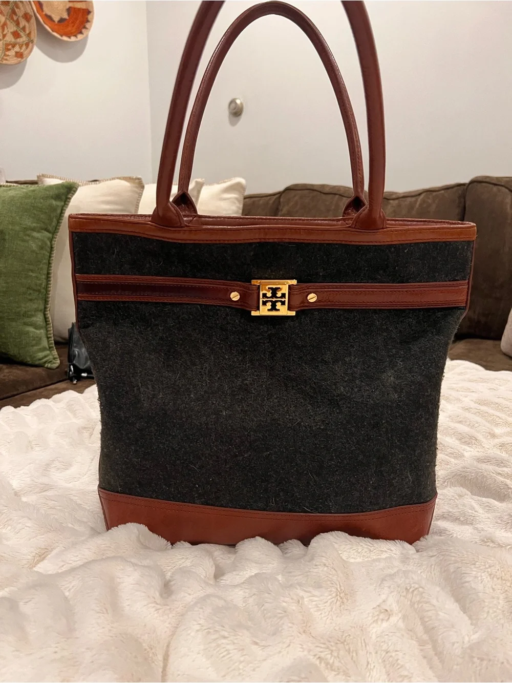Tory Burch Black Suede Tote with Brown Leather Trim